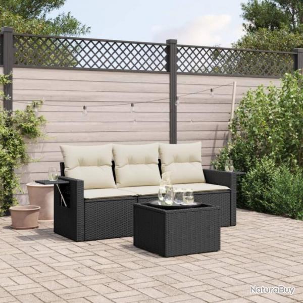 Salon de jardin 4 pcs avec coussins noir rsine tresse