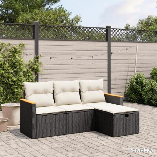 Salon de jardin 4 pcs avec coussins noir rsine tresse