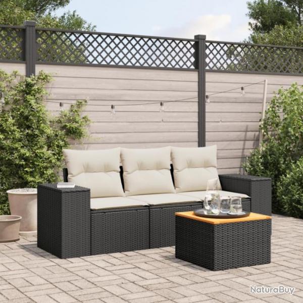 Salon de jardin 4 pcs avec coussins noir rsine tresse