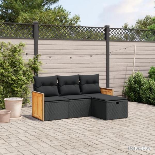 Salon de jardin 4 pcs avec coussins noir rsine tresse