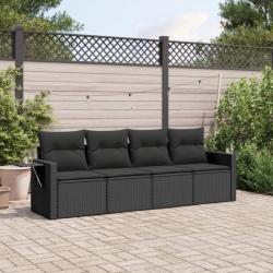 Salon de jardin 4 pcs avec coussins noir résine tressée