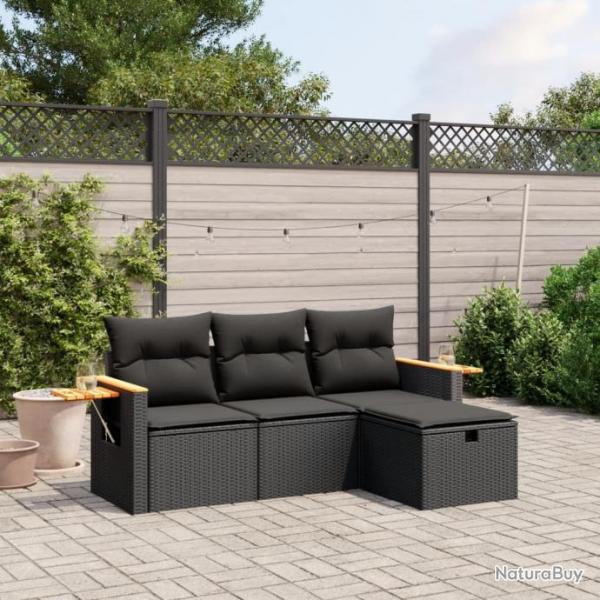 Salon de jardin 4 pcs avec coussins noir rsine tresse