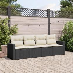 Salon de jardin 4 pcs avec coussins noir résine tressée