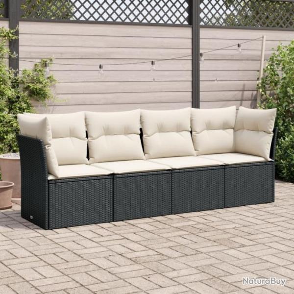 Salon de jardin 4 pcs avec coussins noir rsine tresse