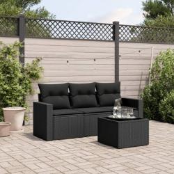 Salon de jardin 4 pcs avec coussins noir résine tressée