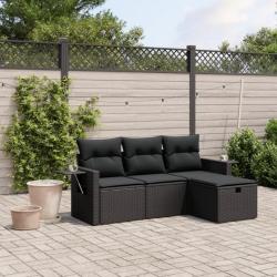 Salon de jardin 4 pcs avec coussins noir résine tressée