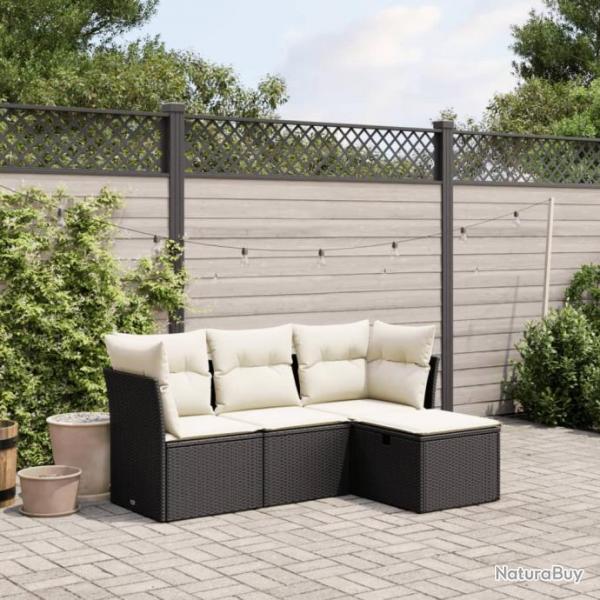 Salon de jardin 4 pcs avec coussins noir rsine tresse