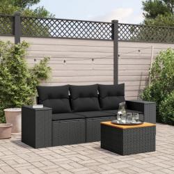 Salon de jardin 4 pcs avec coussins noir résine tressée