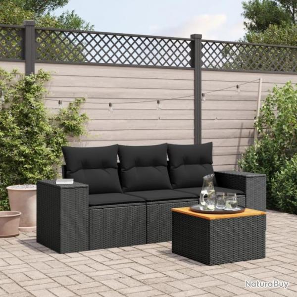 Salon de jardin 4 pcs avec coussins noir rsine tresse