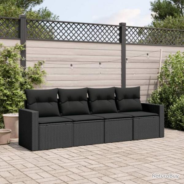 Salon de jardin 4 pcs avec coussins noir rsine tresse