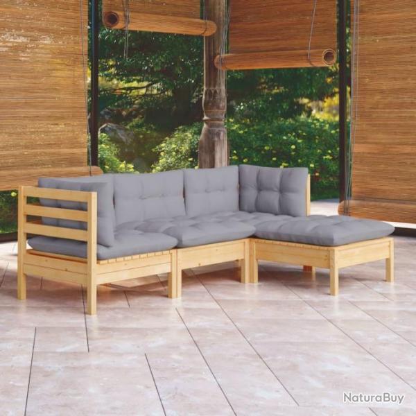 Salon de jardin 4 pcs avec coussins gris bois de pin