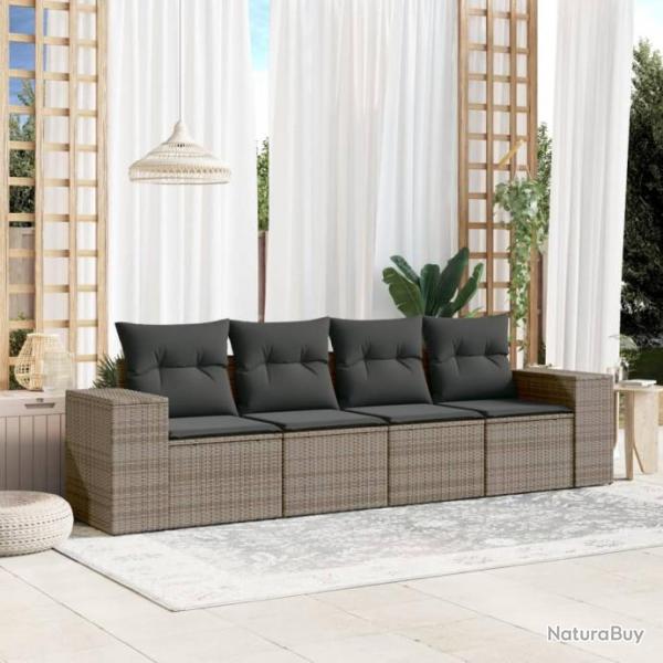 Salon de jardin 4 pcs avec coussins gris rsine tresse