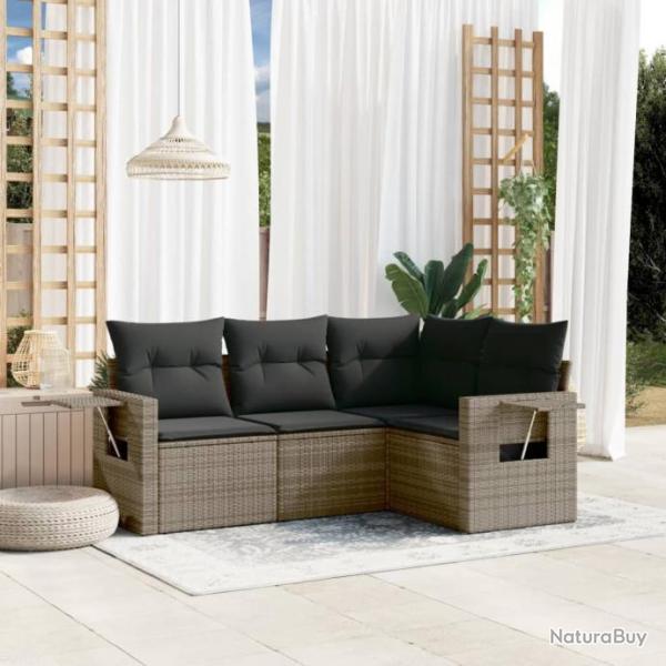 Salon de jardin 4 pcs avec coussins gris rsine tresse