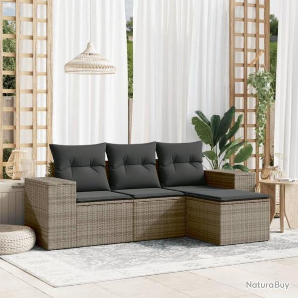 Salon de jardin 4 pcs avec coussins gris rsine tresse