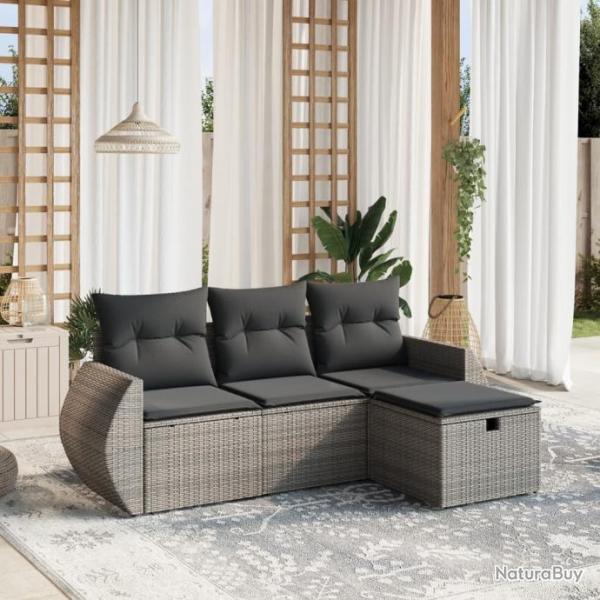 Salon de jardin 4 pcs avec coussins gris rsine tresse