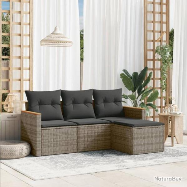 Salon de jardin 4 pcs avec coussins gris rsine tresse