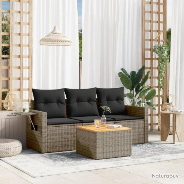 Salon de jardin 4 pcs avec coussins gris rsine tresse