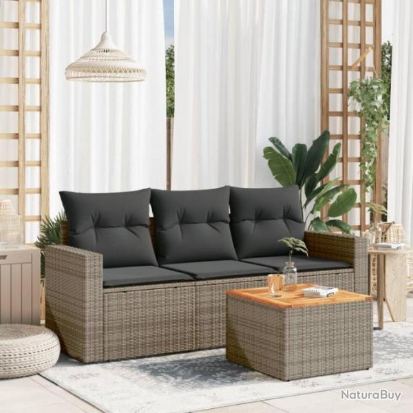 Salon de jardin 4 pcs avec coussins gris rsine tresse