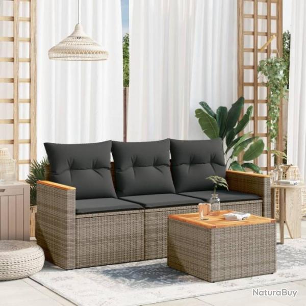 Salon de jardin 4 pcs avec coussins gris rsine tresse