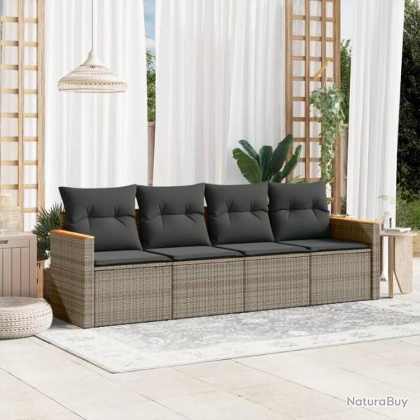 Salon de jardin 4 pcs avec coussins gris rsine tresse