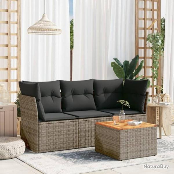 Salon de jardin 4 pcs avec coussins gris rsine tresse