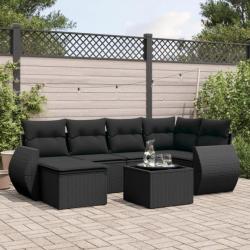 Salon de jardin 7 pcs avec coussins noir résine tressée