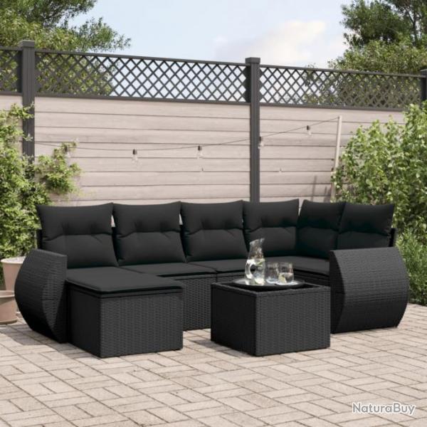 Salon de jardin 7 pcs avec coussins noir rsine tresse