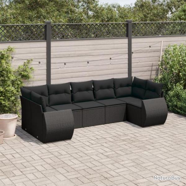 Salon de jardin 7 pcs avec coussins noir rsine tresse