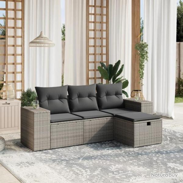 Salon de jardin 4 pcs avec coussins gris rsine tresse