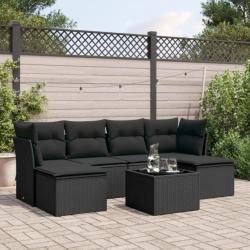 Salon de jardin 7 pcs avec coussins noir résine tressée