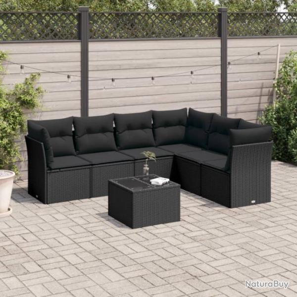 Salon de jardin 7 pcs avec coussins noir rsine tresse