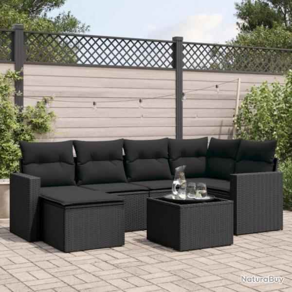 Salon de jardin 7 pcs avec coussins noir rsine tresse