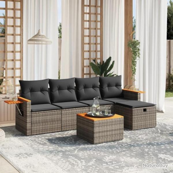 Salon de jardin 6 pcs avec coussins gris rsine tresse