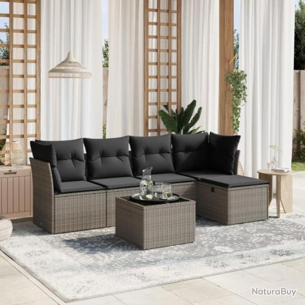 Salon de jardin 6 pcs avec coussins gris rsine tresse