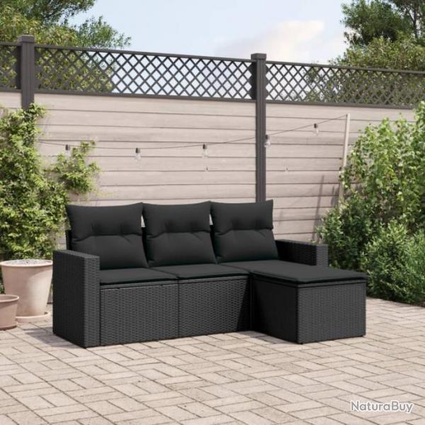 Salon de jardin 4 pcs avec coussins noir rsine tresse