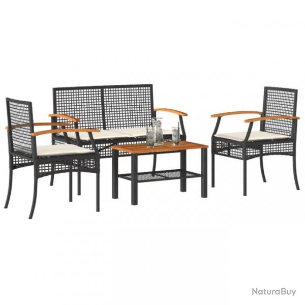 Salon de jardin 4 pcs avec coussins Noir Rsine tresse