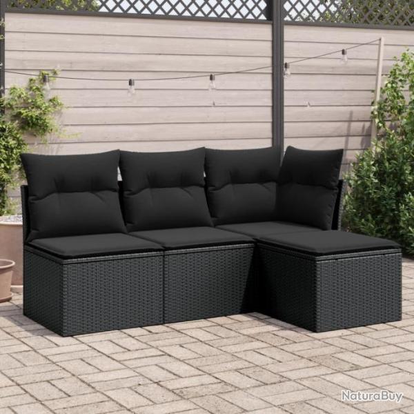 Salon de jardin 4 pcs avec coussins noir rsine tresse