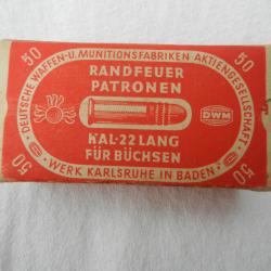 ancienne boîte de cartouches allemandes de collection cal.22LR Deutsche Waffen Munitions Fabrik 1920