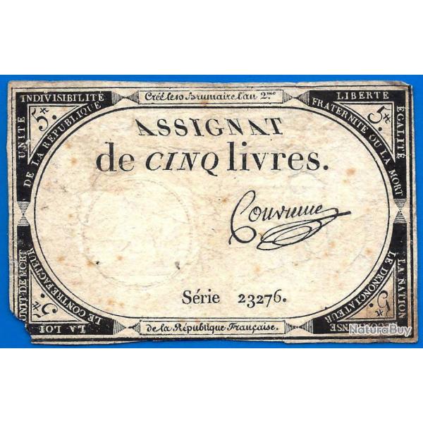 France Assignat 5 Livres 1792 An 2 De La Rpublique Signature Couvreme