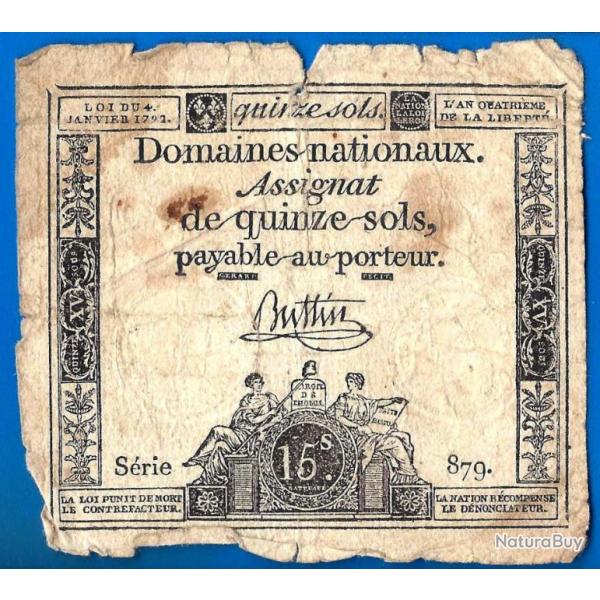 France Assignat 15 Sols 1792 An 1 De La Rpublique Signature Buttin