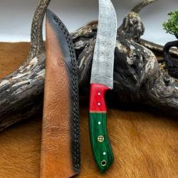 Couteau chasse lame damas 256 couches Manche en bois d'olivier coloré ref D108
