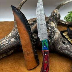 Couteau chasse lame damas 256 couches Manche en bois d'olivier coloré ref D109