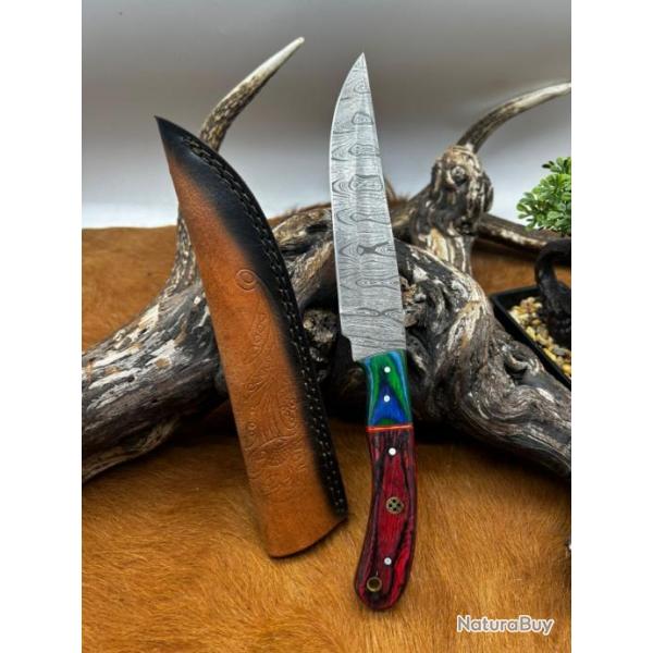 Couteau chasse lame damas 256 couches Manche en bois d'olivier color ref D109
