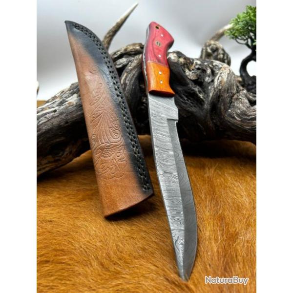 Couteau chasse lame damas 256 couches Manche en bois d'olivier color ref D115