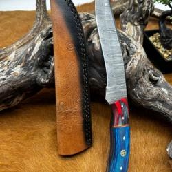 Couteau chasse lame damas 256 couches Manche en bois d'olivier coloré ref D117