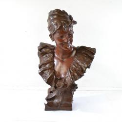 Buste Bronze VAN DER STRAETEN Société De Bronzes De Paris. La jeune fille démasquée 40cm.Bicolore