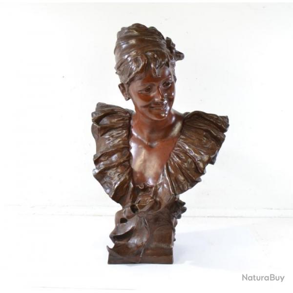 Buste Bronze VAN DER STRAETEN Socit De Bronzes De Paris. La jeune fille dmasque 40cm.Bicolore