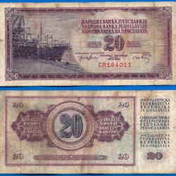 Yougoslavie 20 Dinars 1974 Billet Dinara Bateau