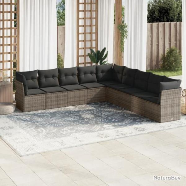 Salon de jardin 9 pcs avec coussins gris rsine tresse