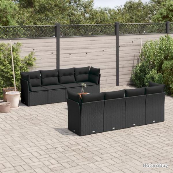 Salon de jardin 9 pcs avec coussins noir rsine tresse